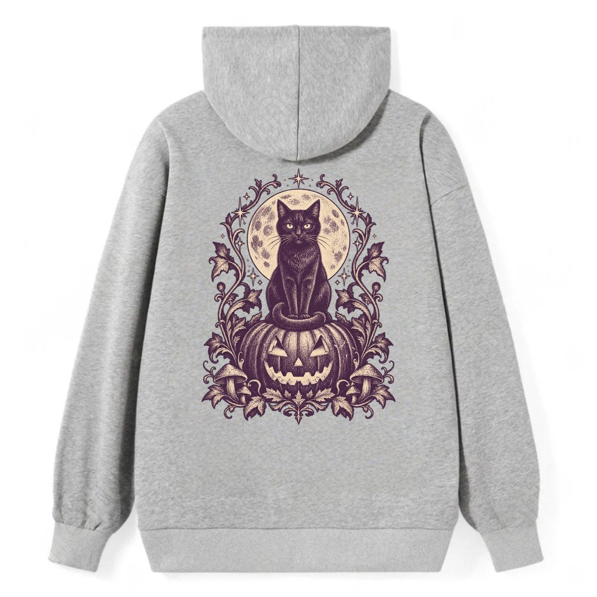 A Black Cat Sitting Upright On Top Of A Large Carved Jack O Lantern Tail Curled Around Its Paws A Full Moon Glowing Behind It Wordless Single Hue Gothic Engraving Portrait Midnight Haunt Classic Pullover Hoodie – Grey