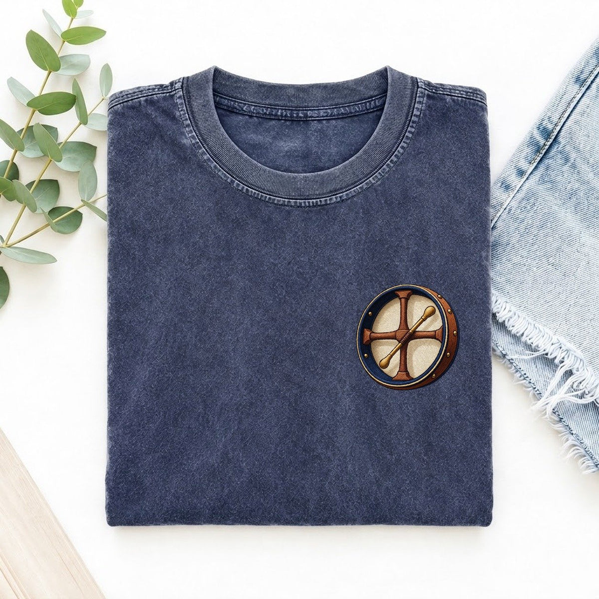 Bodhran Cross Grip Left Chest Vintage T-shirt – Blue