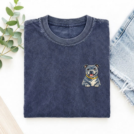 Staffordshire Bull Terrier Left Chest Vintage T-shirt – Blue