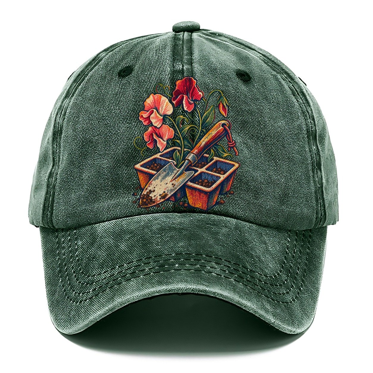 Garden Trowel Seed Tray And Sweet Peas Uk Culture Heritage Classic Cap – Forest Mist