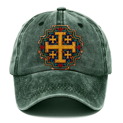 Armenian Hand Painted Ceramic Tile Jerusalem Cross Classic Cap – Forest Mist
