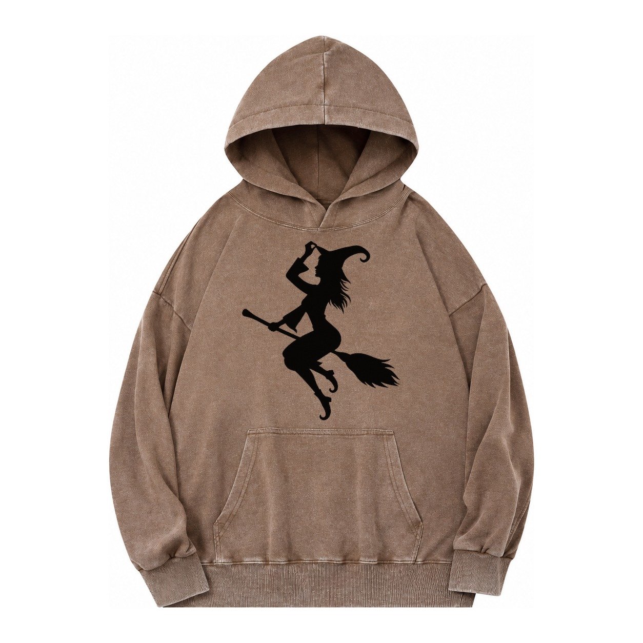 202308151409 Witch On Broom 4 Vintage Washed Hoodie – Brown