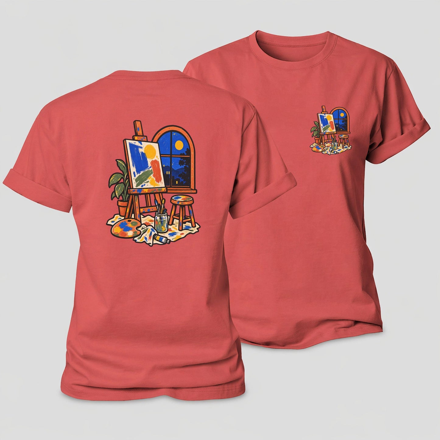 Easel At Dusk Clay Color Makers Women's Cotton T-Shirt – Coral Red