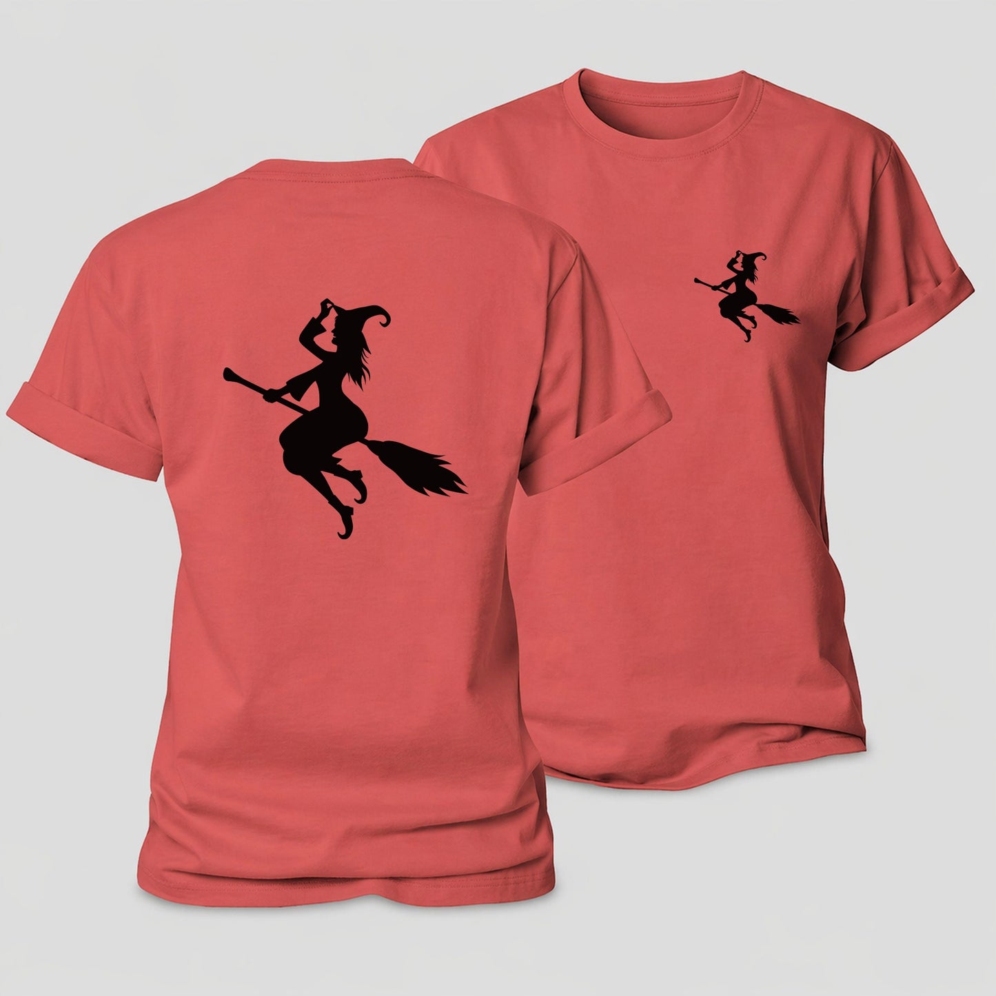 Enchanting Witch On Broom Hat Limited Edition Women's Cotton T-Shirt – Coral Red