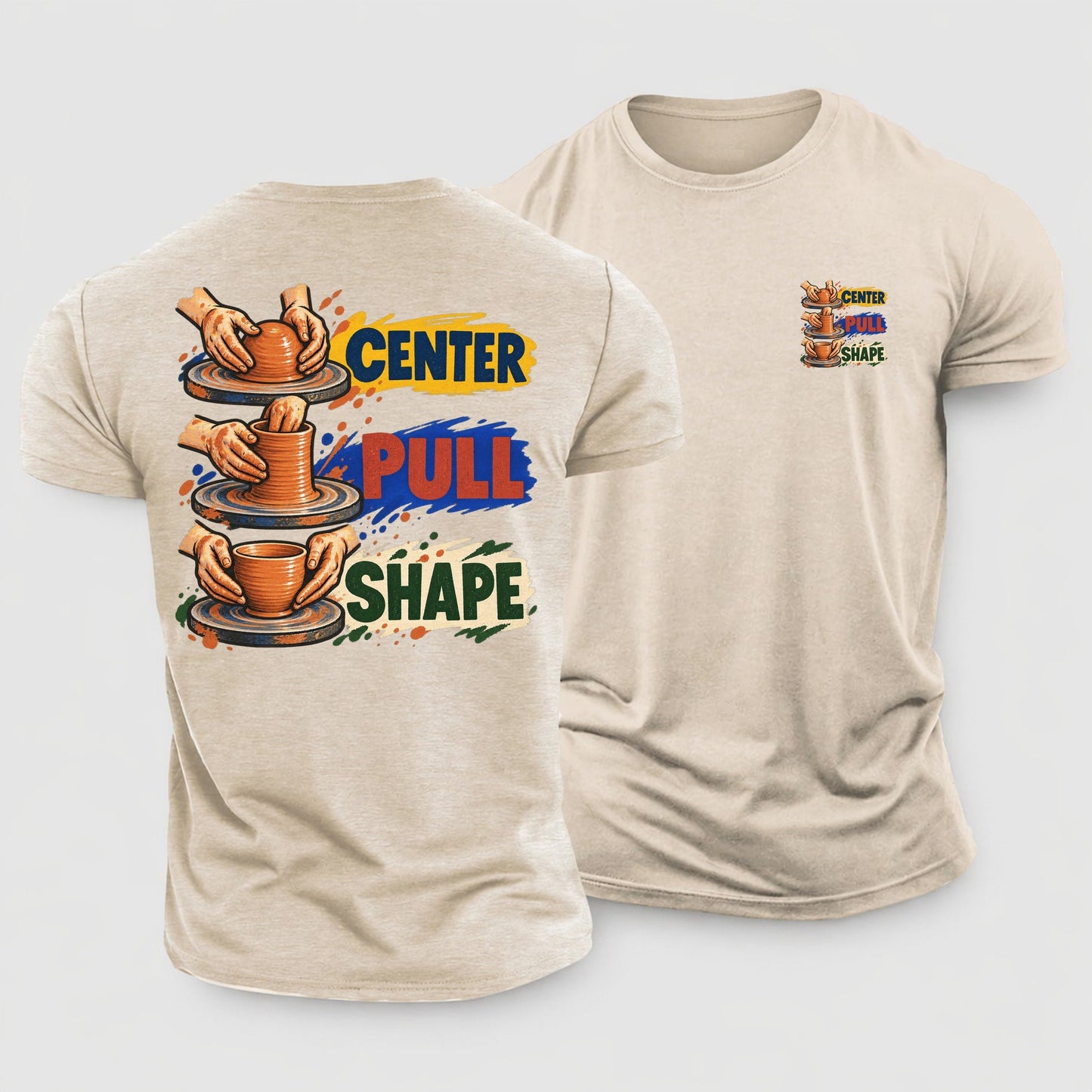Center Pull Shape Clay Color Makers Cotton T-Shirt – Sand