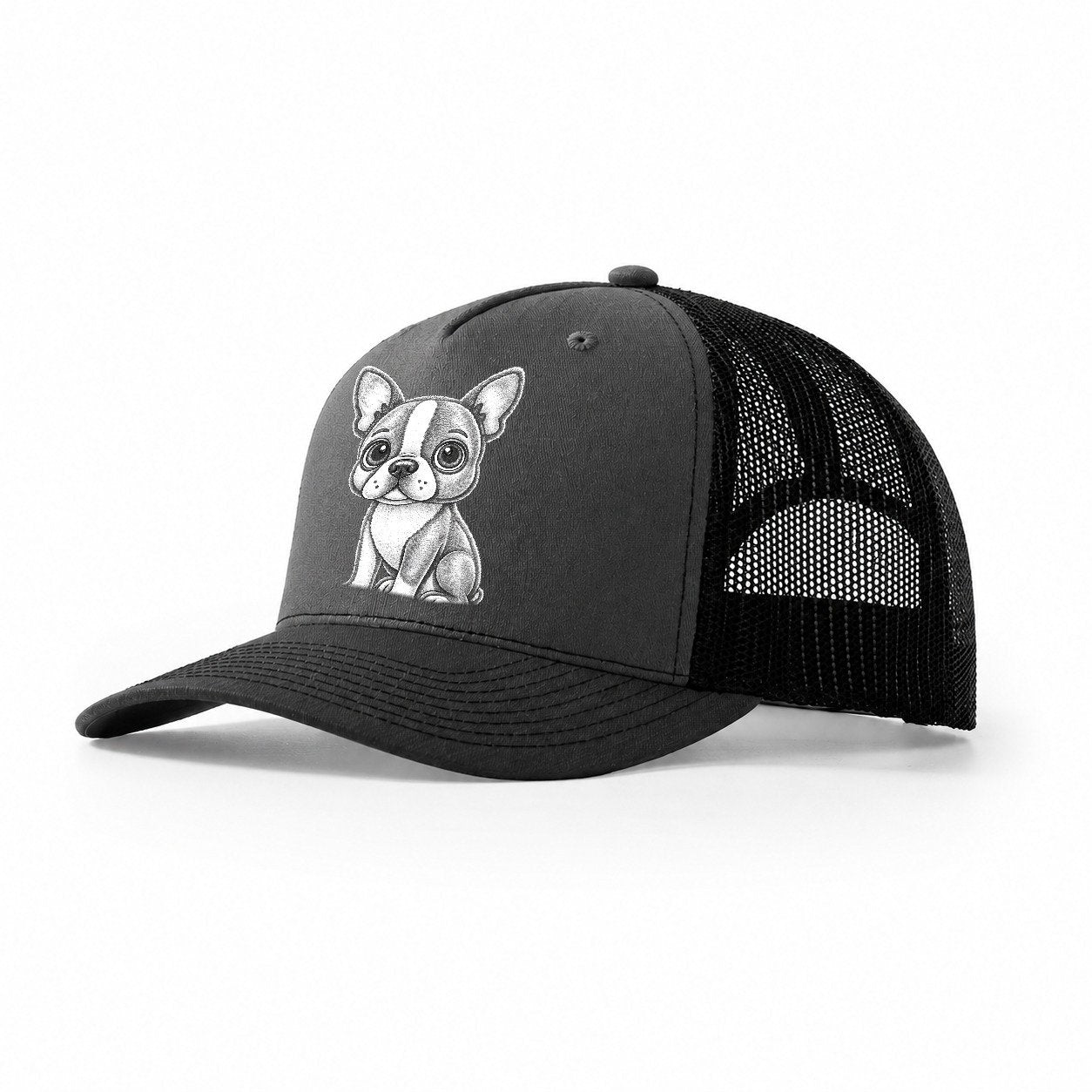 Boston Terrier Black And White Sitting Pose With Tuxedo Mark Trucker Hat – Dark Grey-Black