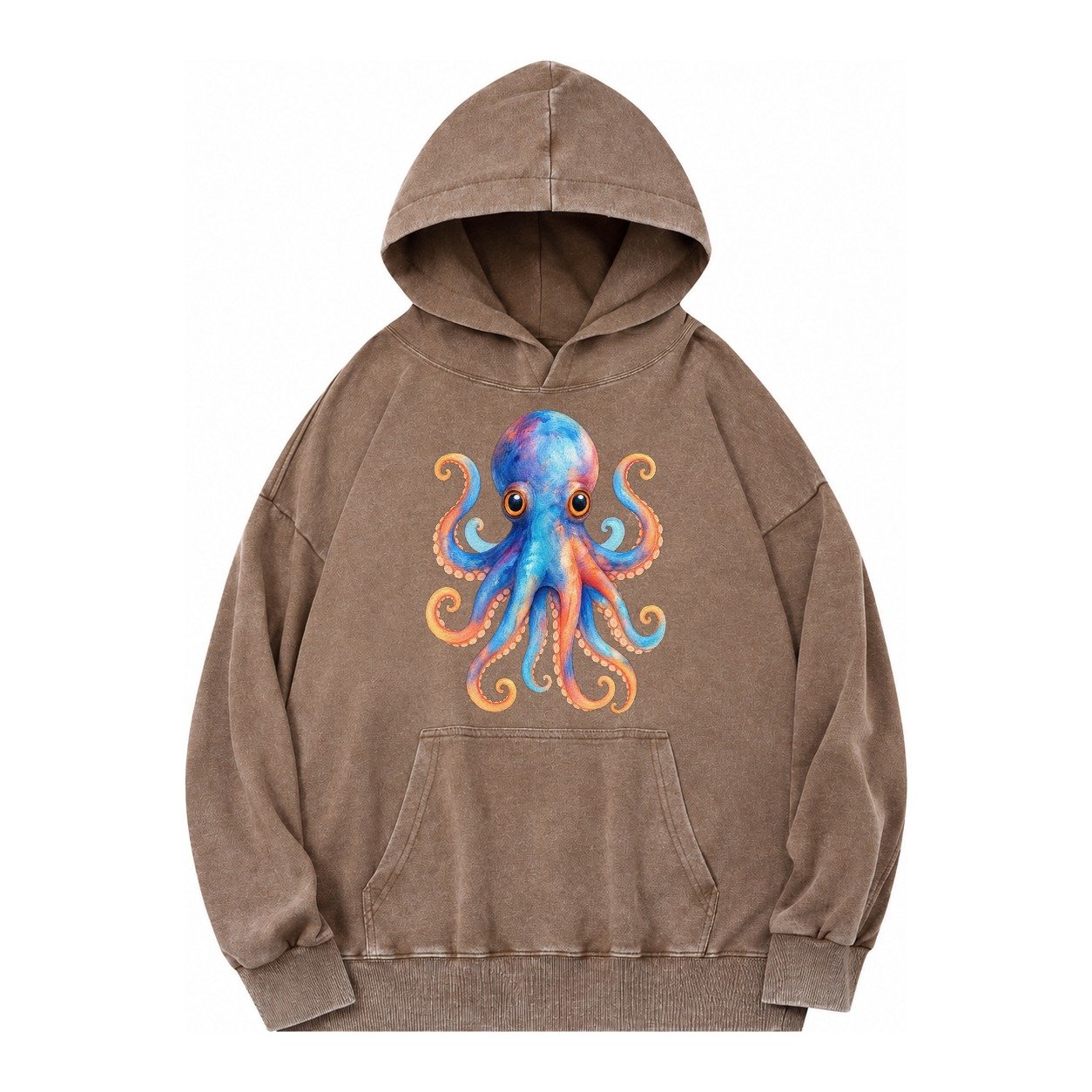 Octopus Cute Vintage Washed Hoodie – Brown