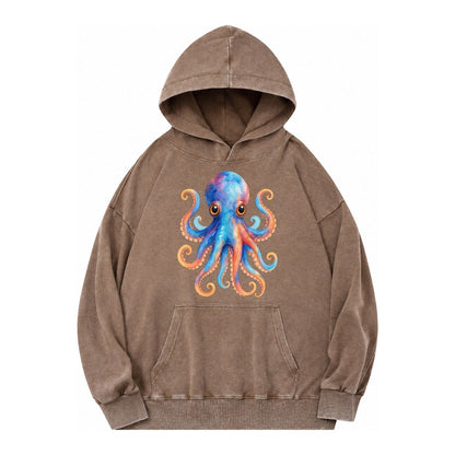 Octopus Cute Vintage Washed Hoodie – Brown