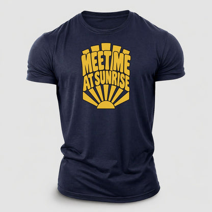 Meet Me At Sunrise Sunburst Sayings Cotton T-Shirt – Navy