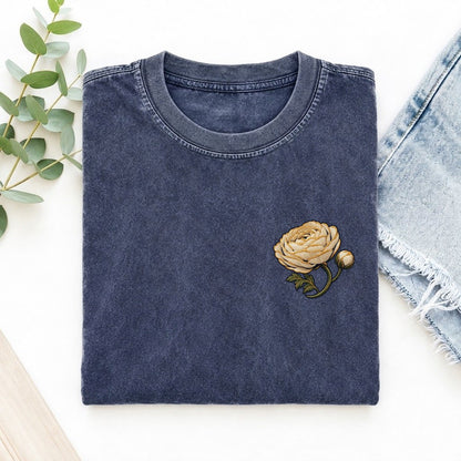 Ranunculus Layered Cup Left Chest Thread Signatures II Left Chest Vintage T-shirt – Blue