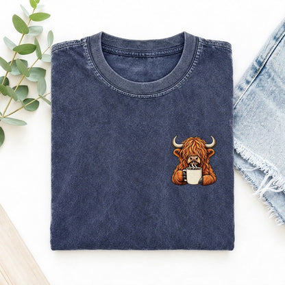 Highland Cow Coffee Left Chest Vintage T-shirt – Blue