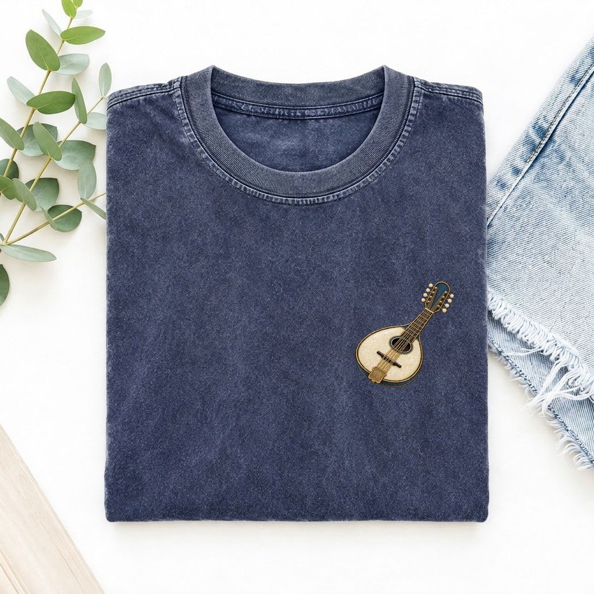 Mandolin Pear Body Keepsake Emblem Left Chest Vintage T-shirt – Blue