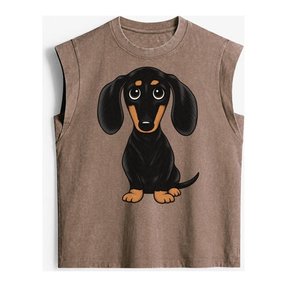 Vintage Style Dachshund Print Vintage Washed Tank – Brown