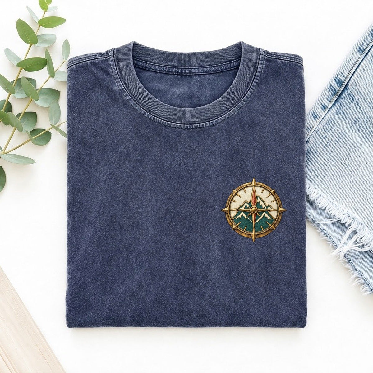 Mountain Compass Fold Keepsake Emblem Left Chest Vintage T-shirt – Blue