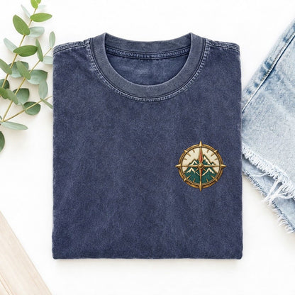 Mountain Compass Fold Keepsake Emblem Left Chest Vintage T-shirt – Blue