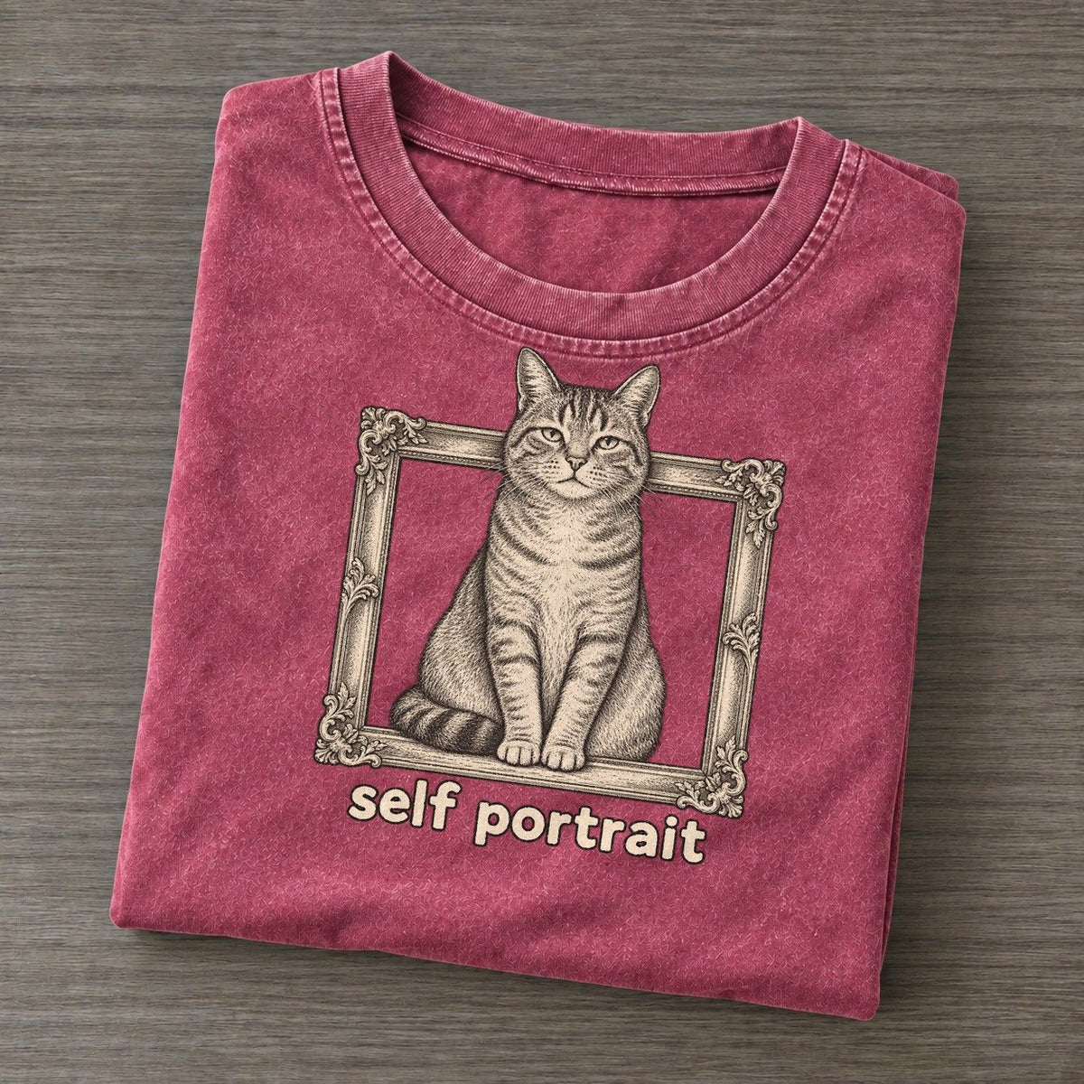 Cat Self Portrait Unbothered Creatures Vintage T-shirt – Raspberry
