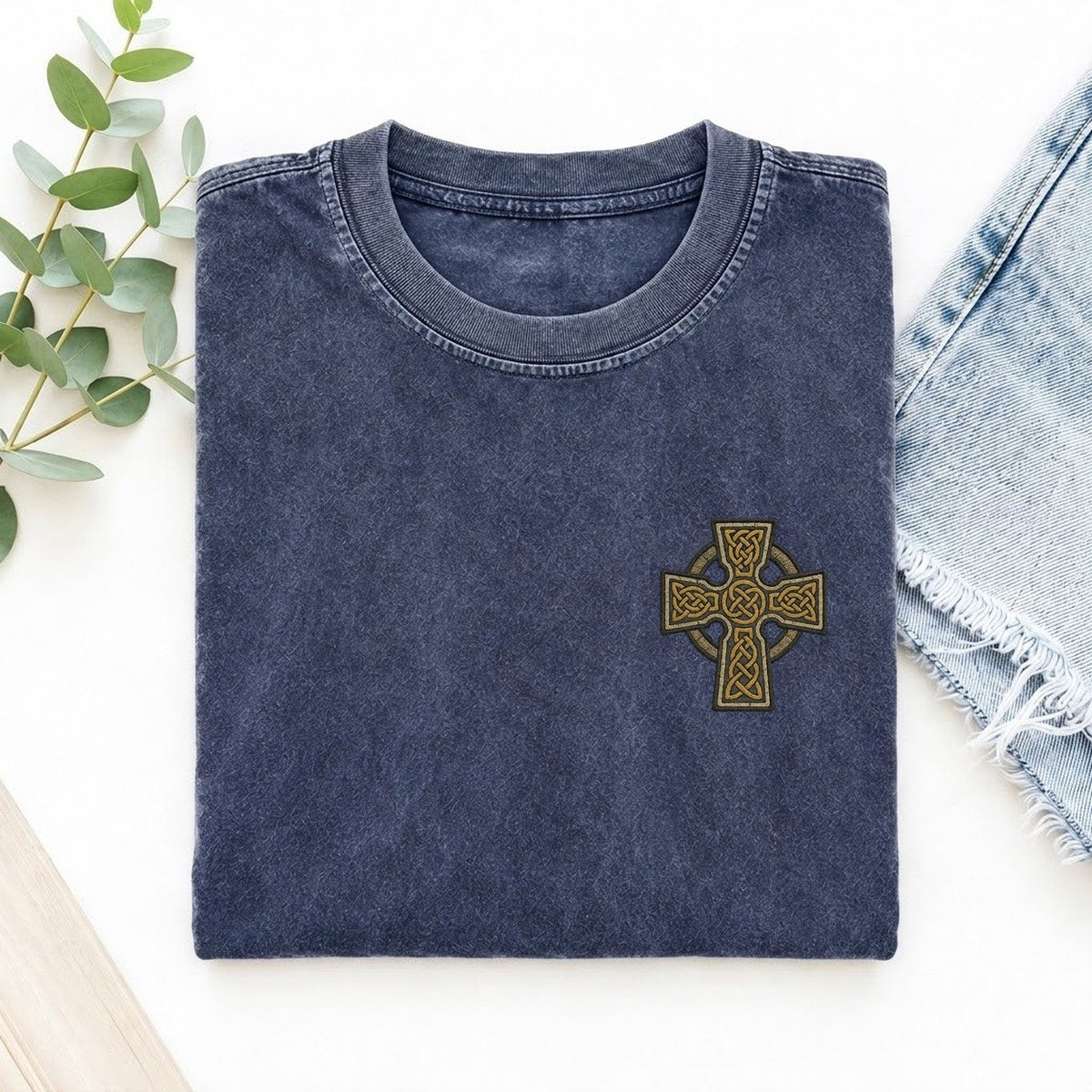 Celtic Cross Left Chest Vintage T-shirt – Blue