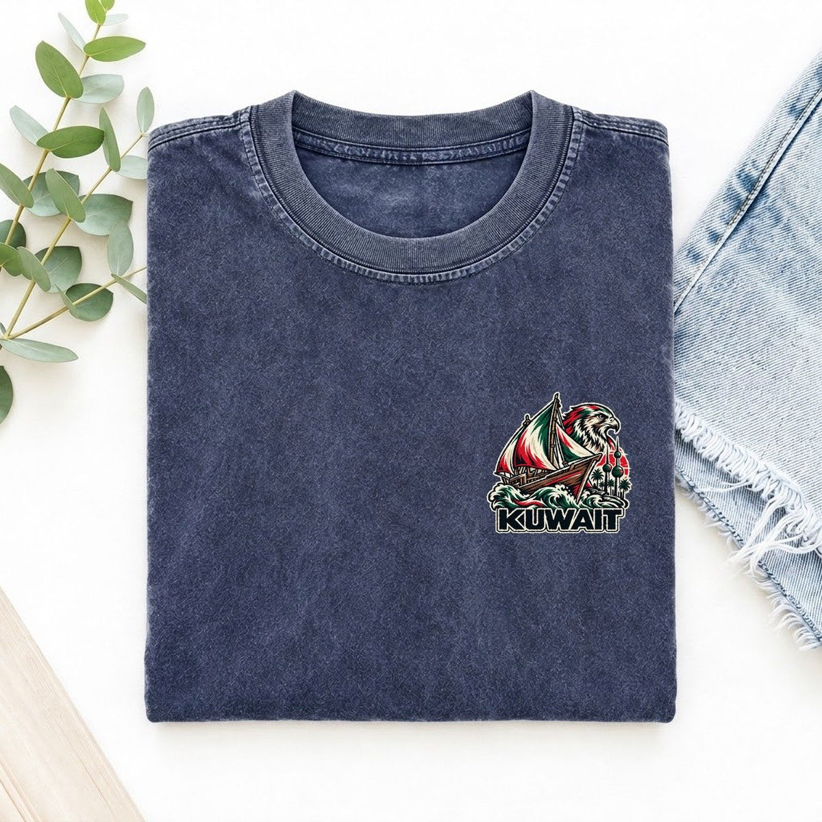 Kuwait Country Pride Left Chest Vintage T-shirt – Blue