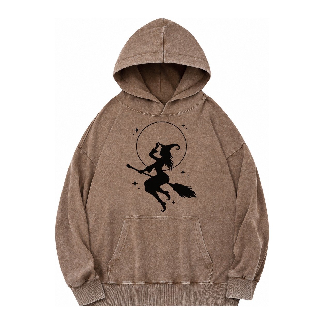 Witch On Broom Vintage Washed Hoodie – Brown