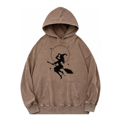 Witch On Broom Vintage Washed Hoodie – Brown