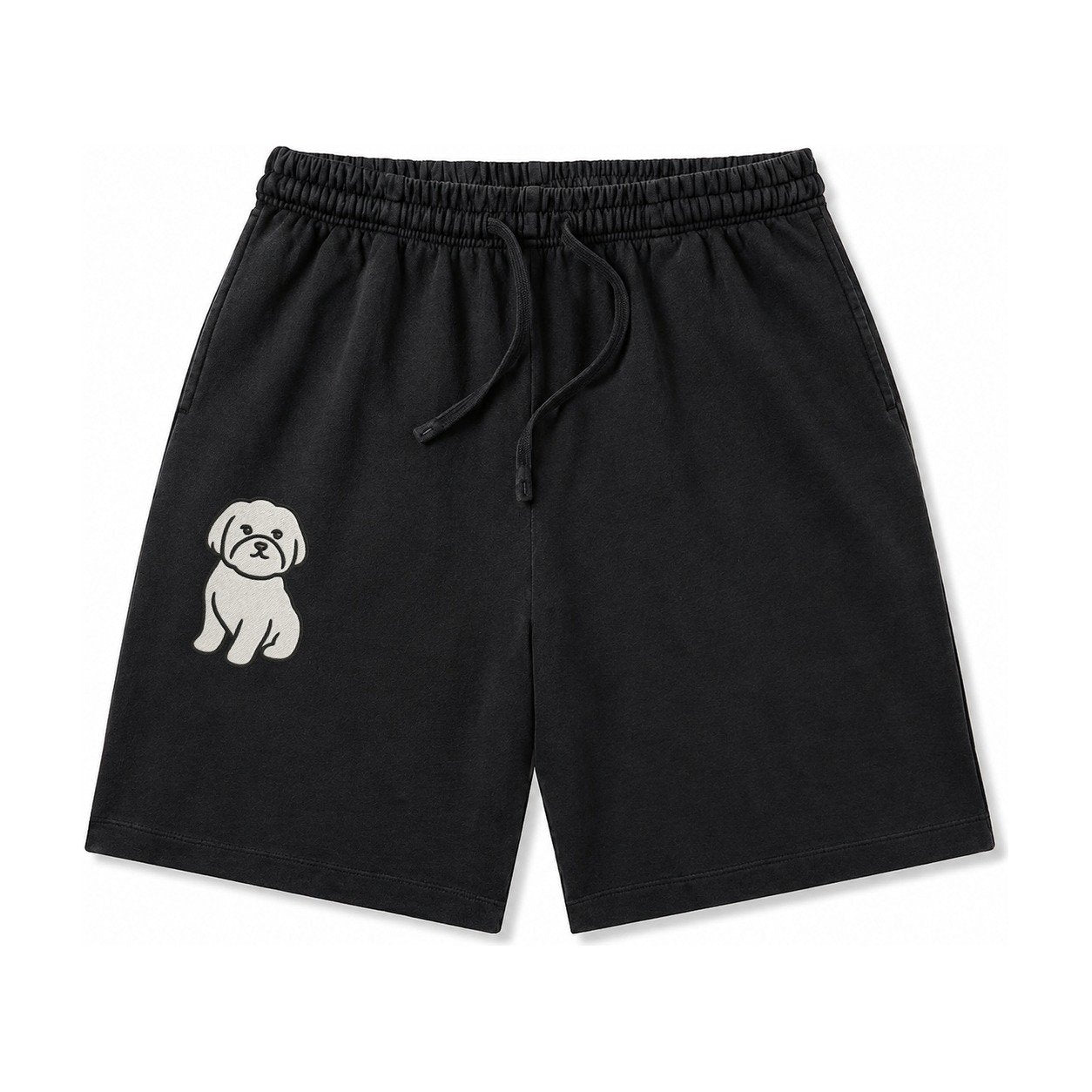 Maltese Pure White Fluffy Embroidered Design Washed Shorts – Black
