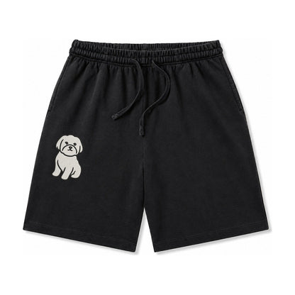 Maltese Pure White Fluffy Embroidered Design Washed Shorts – Black