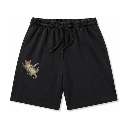 American Shorthair Silver Tabby Classic Pattern Fully Relaxe Washed Shorts – Black