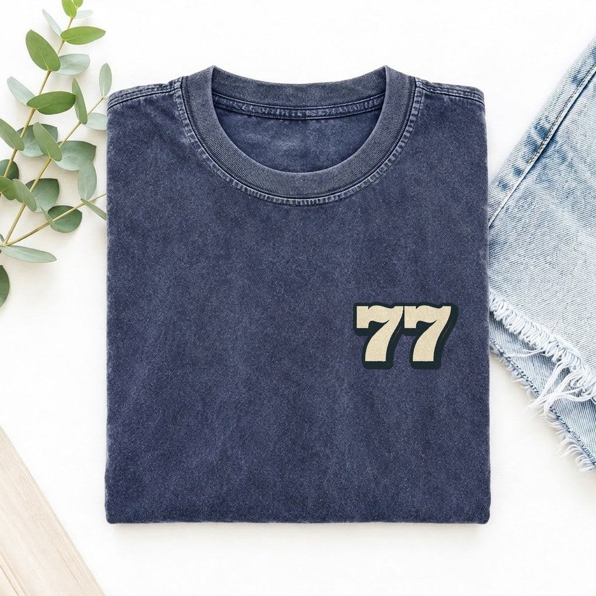 Number 77 Left Chest Vintage T-shirt – Blue