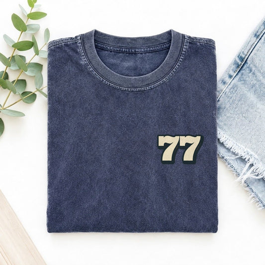 Number 77 Left Chest Vintage T-shirt – Blue