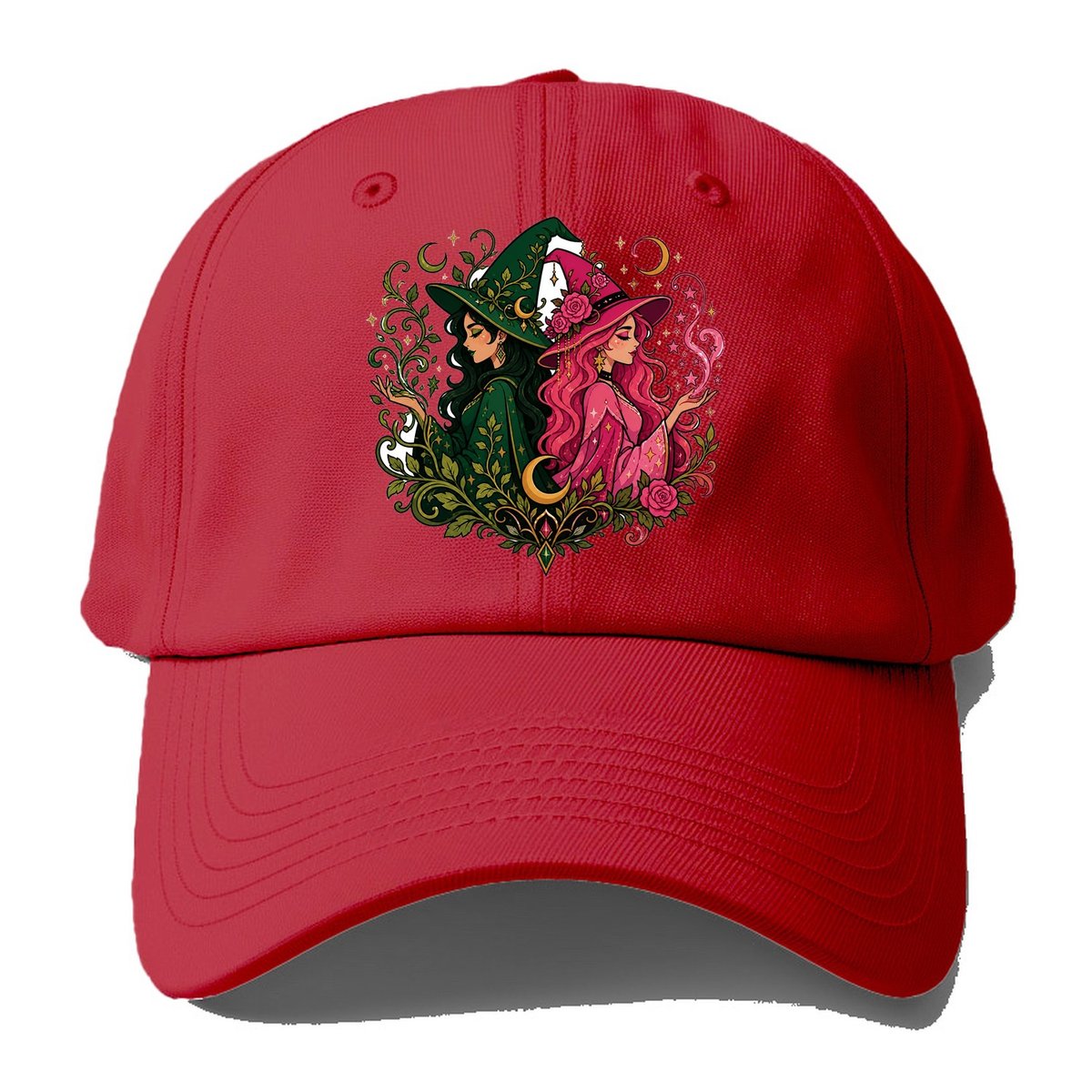Dual Witch Botanical Moon Baseball Cap – Red
