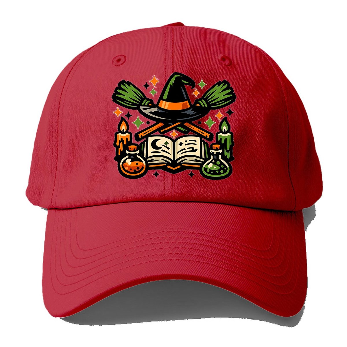 Witch Spellbook Crossed Brooms Baseball Cap – Red