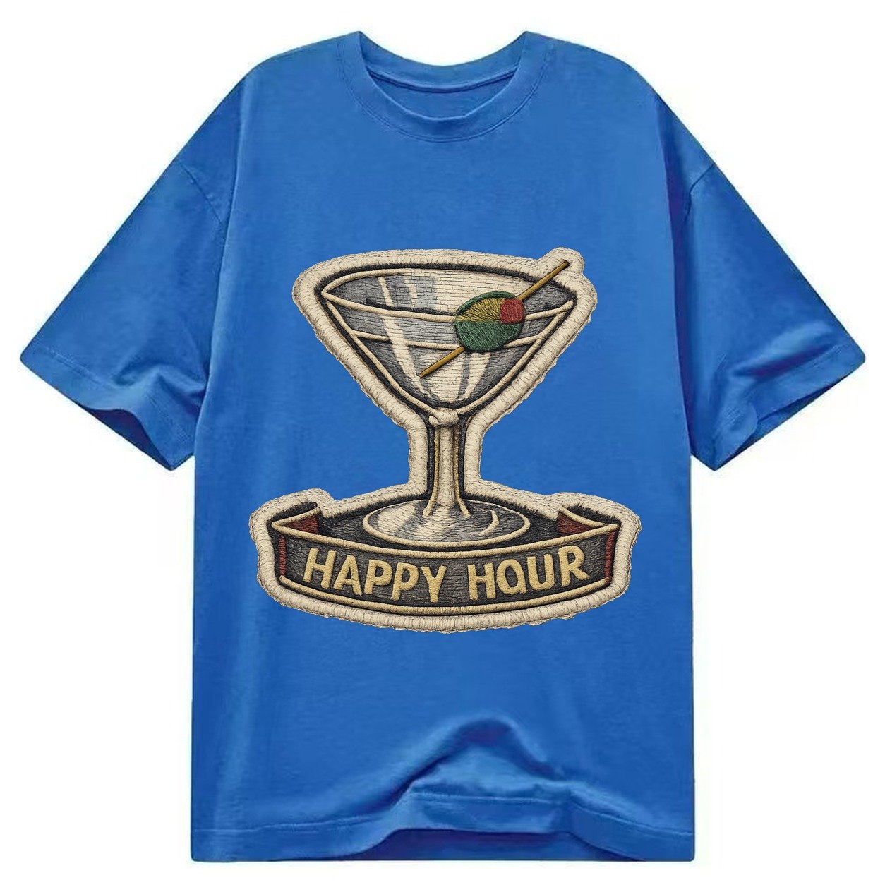 Embroidered Patch Design Cocktail Martini Martini Glass With Classic T-shirt – Blue