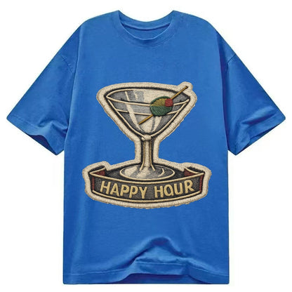 Embroidered Patch Design Cocktail Martini Martini Glass With Classic T-shirt – Blue