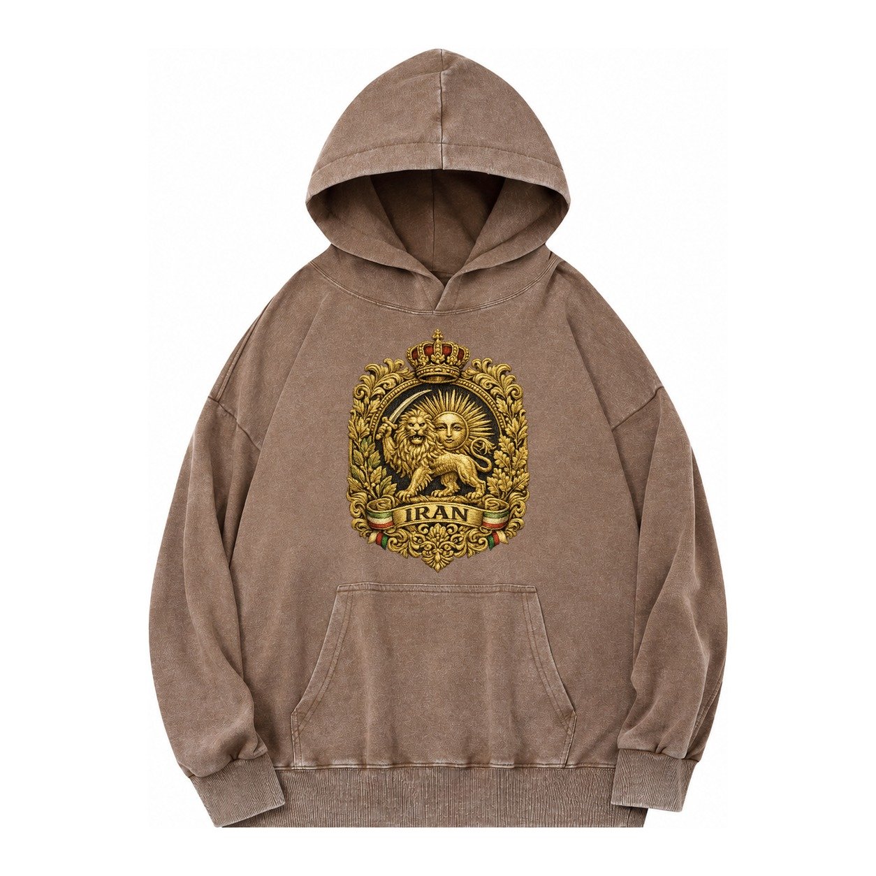 Iran Lion Sun Badge Vintage Washed Hoodie – Brown