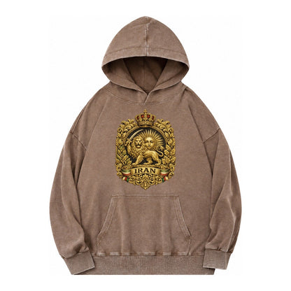 Iran Lion Sun Badge Vintage Washed Hoodie – Brown