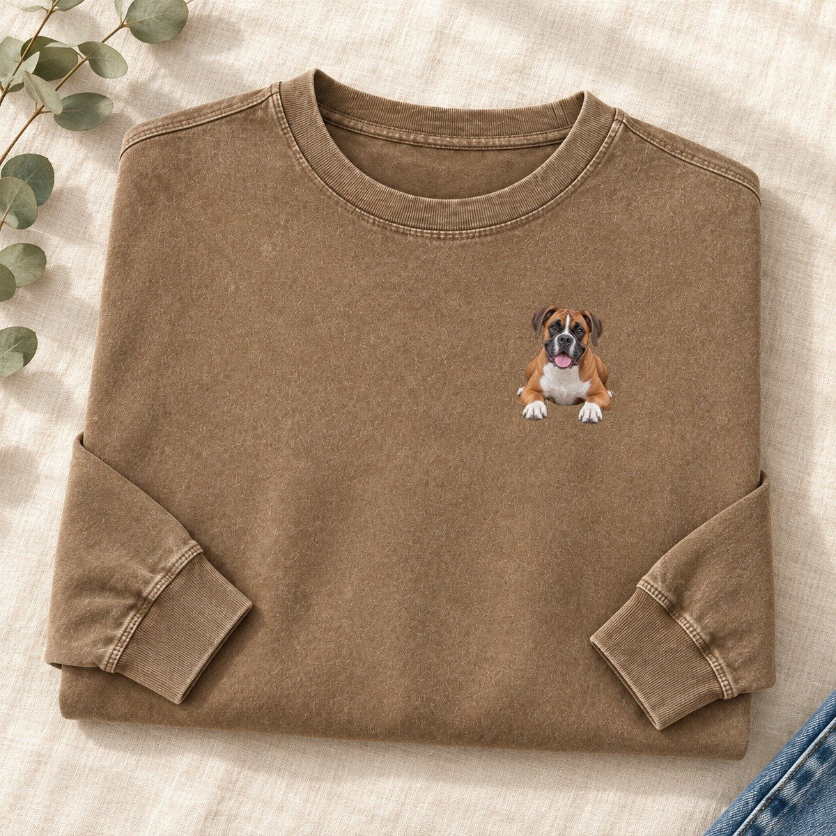 Boxer Lying Down Left Chest Washed Long Sleeve T-Shirt – Coffee