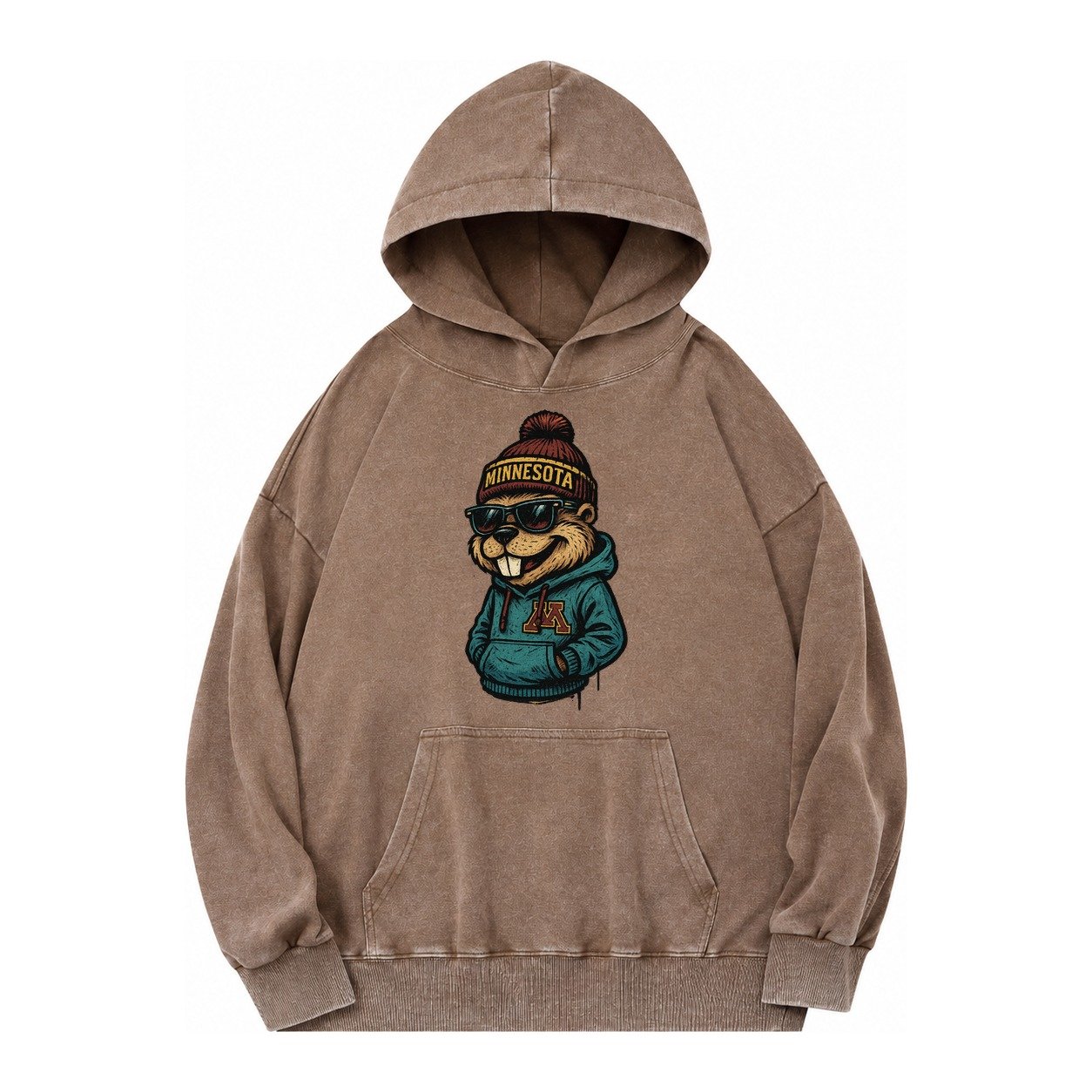 Minneapolis Gopher Wearing Minnesota Beanie With M Patch Vintage Washed Hoodie – Brown