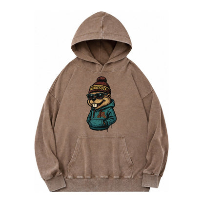 Minneapolis Gopher Wearing Minnesota Beanie With M Patch Vintage Washed Hoodie – Brown