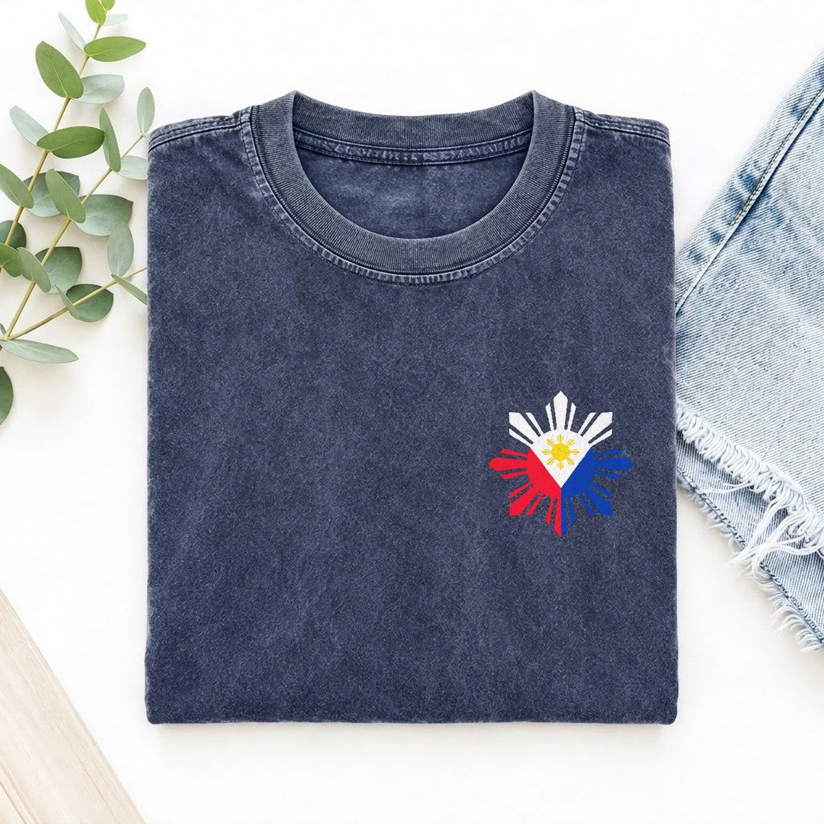 Philippines Sun and Stars Left Chest Vintage T-shirt – Blue