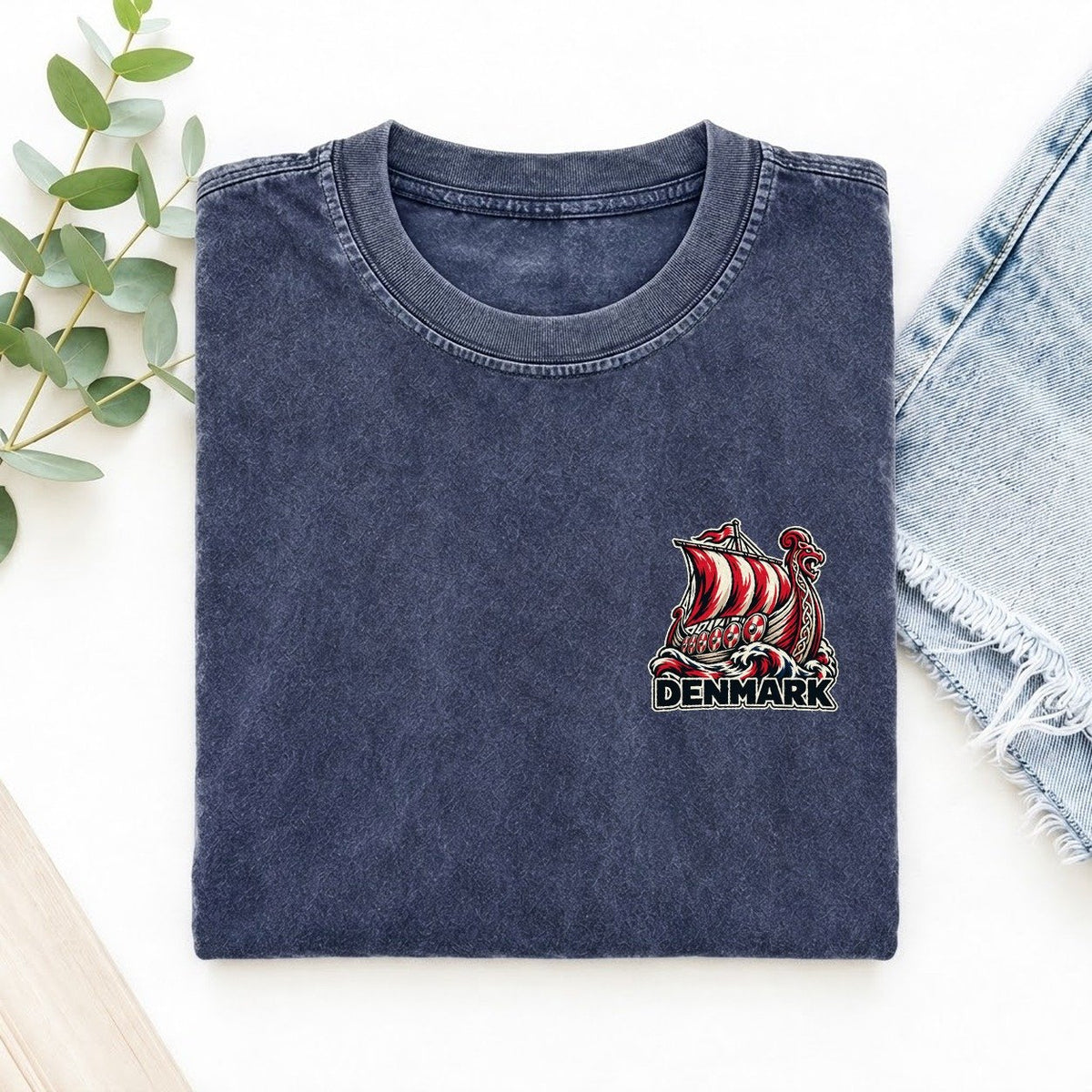 Denmark Country Pride Left Chest Vintage T-shirt – Blue