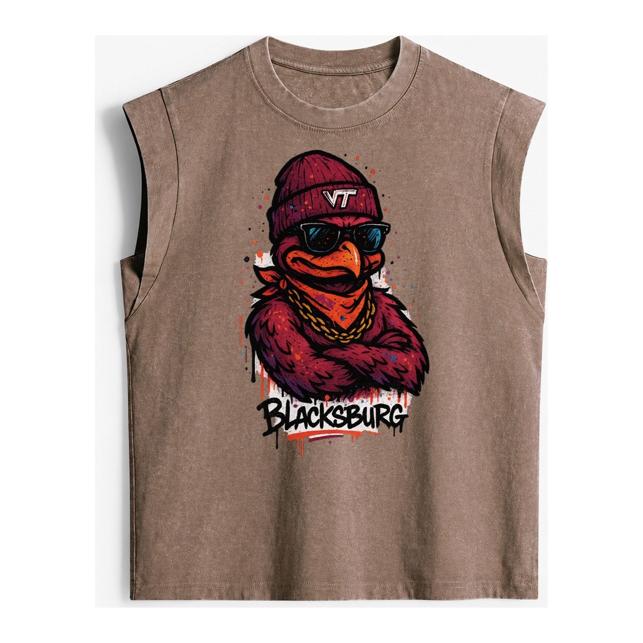 Blacksburg Hokiebird Wearing Virginia Tech Beanie With Vt Pa Vintage Washed Tank – Brown