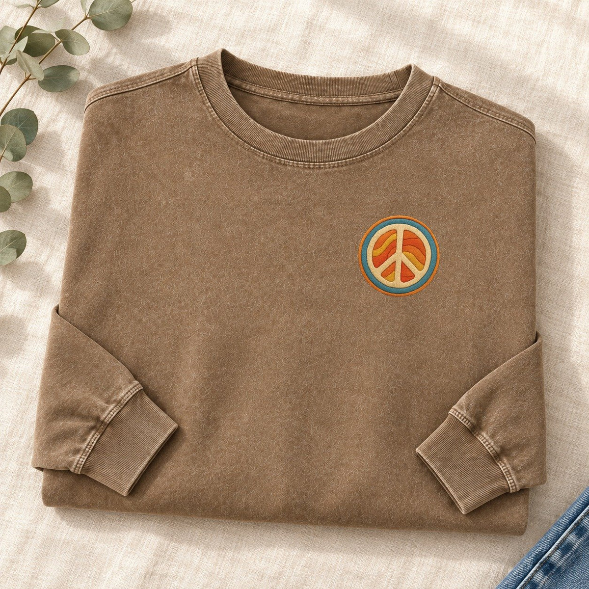 Retro Peace and Harmony Left Chest Washed Long Sleeve T-Shirt – Coffee