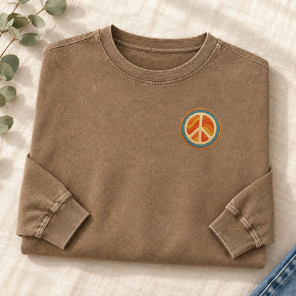 Retro Peace and Harmony Left Chest Washed Long Sleeve T-Shirt – Coffee