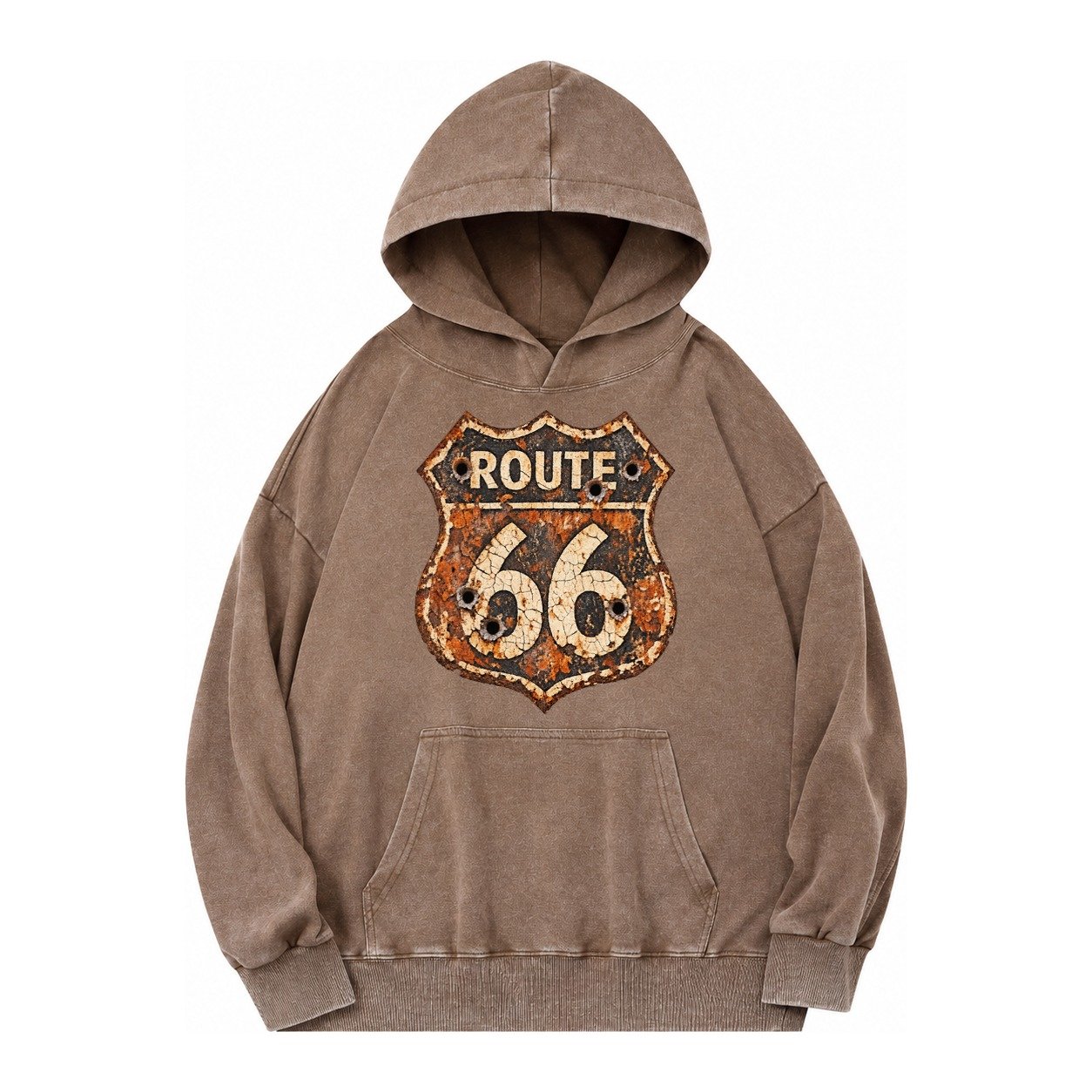 Weathered Marker Rust Aged Route 66 Sign Desert Sun Bleached Vintage Washed Hoodie – Brown