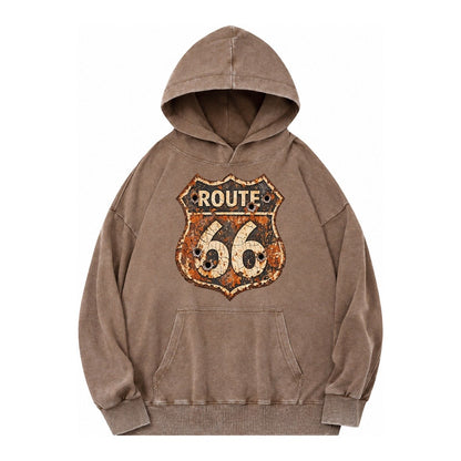 Weathered Marker Rust Aged Route 66 Sign Desert Sun Bleached Vintage Washed Hoodie – Brown