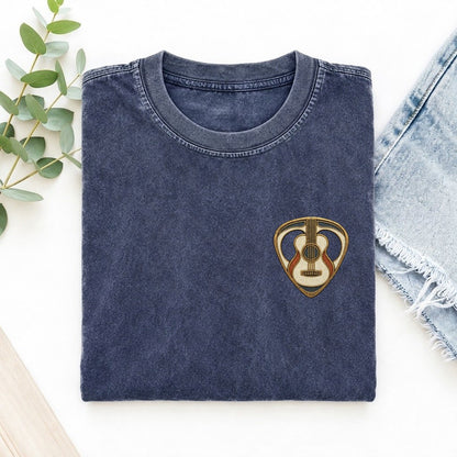 Guitar Pick And Strings Keepsake Emblem Left Chest Vintage T-shirt – Blue