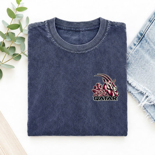 Qatar Country Pride Left Chest Vintage T-shirt – Blue