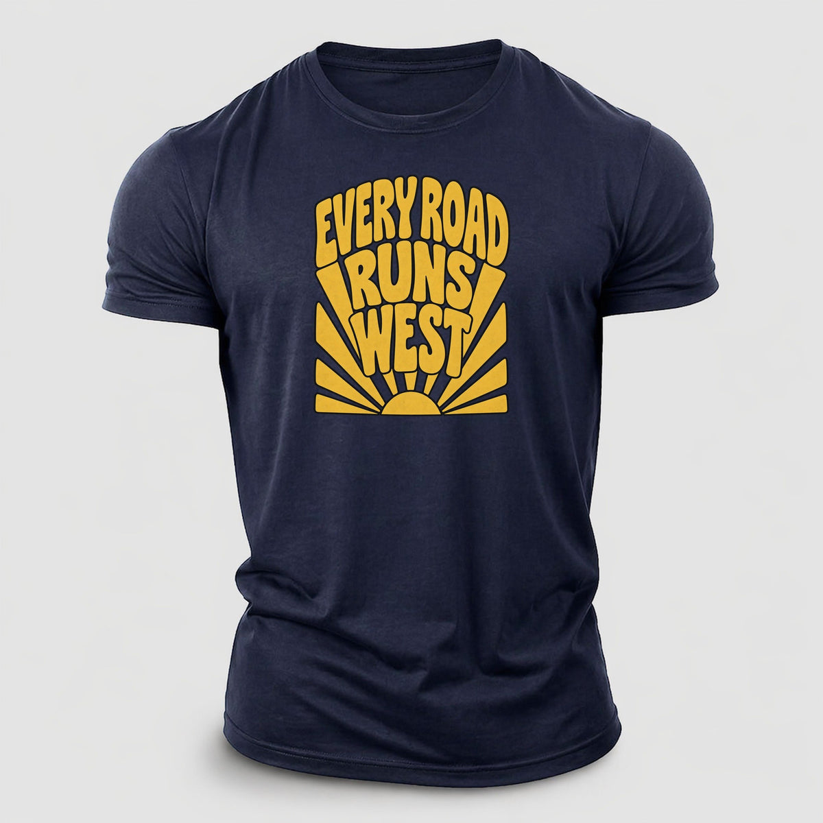 Every Road Runs West Sunburst Sayings Cotton T-Shirt – Navy