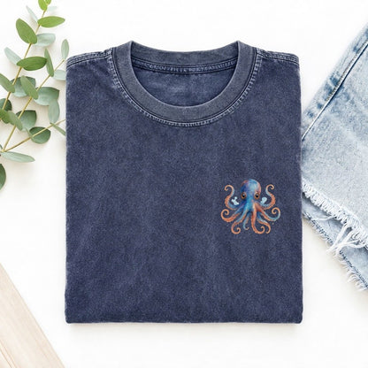 Cute Octopus Left Chest Vintage T-shirt – Blue