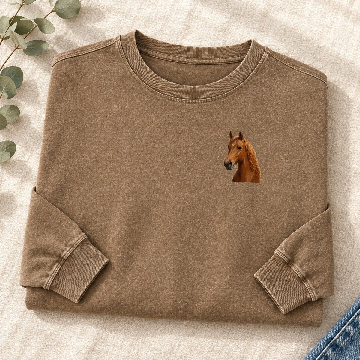 Horse Portrait Left Chest Washed Long Sleeve T-Shirt – Coffee